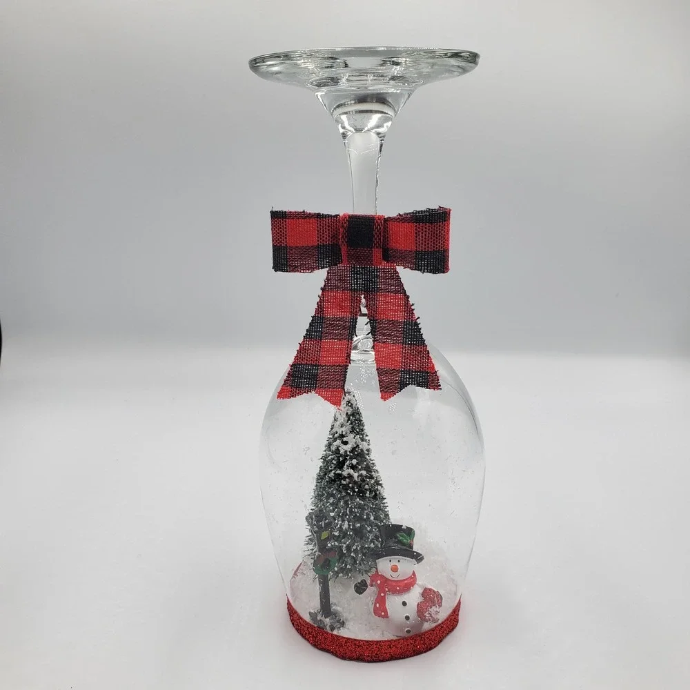Homemade Snowman Tree Wine Glass Candle Holder W/ Battery Operated Candle‎ Decor